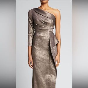 BNWT Rickie Freeman by Teri John one shoulder bronze/gold gown with ruffle